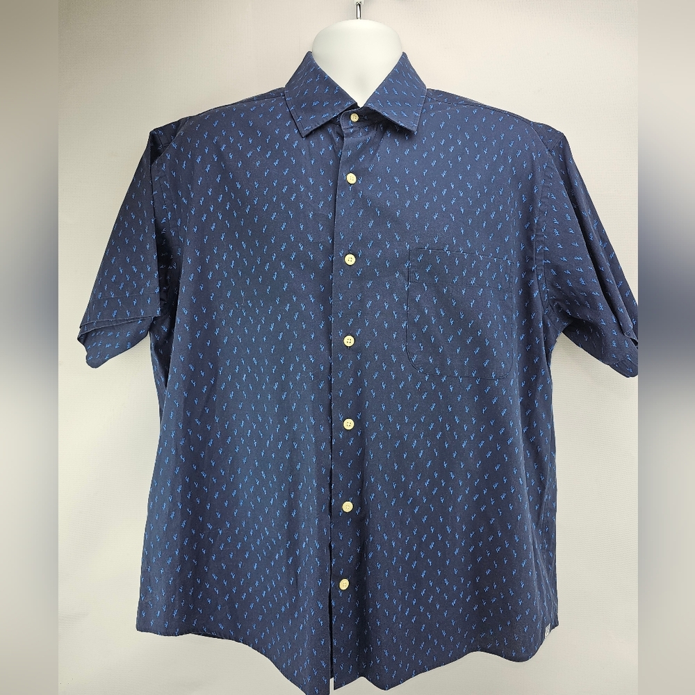 Peter Millar Button Down S/S Shirt Mens Large Blue Antler Trees All Over Print